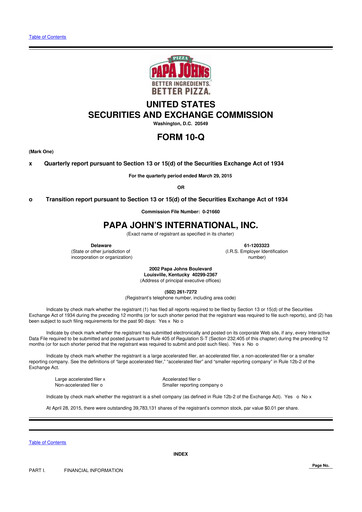 Miniature Papa John's Pizza
 10-Q Rapport trimestriel 2015 