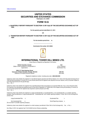 Thumbnail International Tower Hill Mines 10-Q Quarterly Report FY2015 