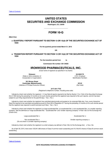 Miniature Ironwood Pharmaceuticals
 10-Q Rapport trimestriel 2015 