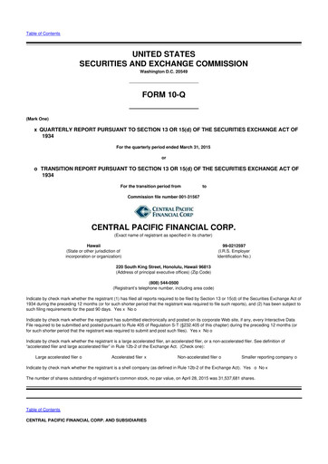 Miniature Central Pacific Financial 10-Q Rapport trimestriel 2015 