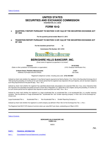 Thumbnail Berkshire Hills Bancorp 10-Q Quarterly Report FY2015 