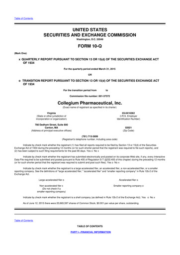 Miniature Collegium Pharmaceutical
 10-Q Rapport trimestriel  