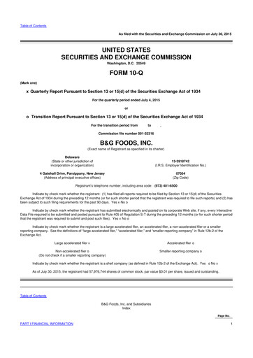 Miniature B&G Foods

 10-Q Rapport trimestriel 2015 