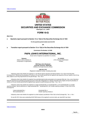 Miniature Papa John's Pizza
 10-Q Rapport trimestriel 2015 