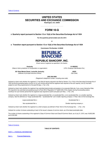 Thumbnail Republic Bank 10-Q Quarterly Report FY2015 