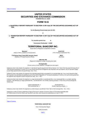 Thumbnail Territorial Bancorp
 10-Q Quarterly Report FY 
