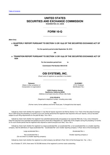 Miniature OSI Systems
 10-Q Rapport trimestriel 2016 