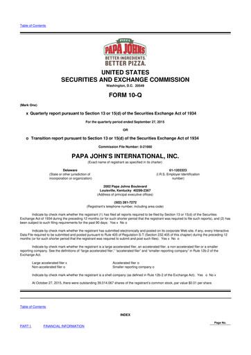 Miniature Papa John's Pizza
 10-Q Rapport trimestriel 2015 