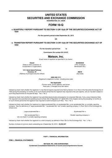 Thumbnail Matson 10-Q Quarterly Report FY2015 