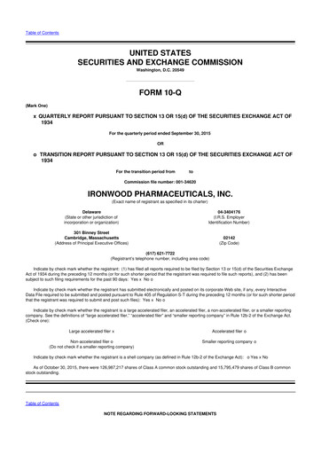 Miniature Ironwood Pharmaceuticals
 10-Q Rapport trimestriel 2015 