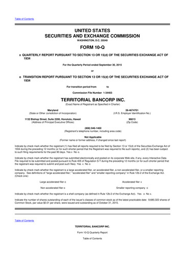 Thumbnail Territorial Bancorp
 10-Q Quarterly Report FY 