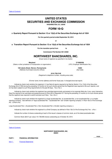 Thumbnail Northwest Bancshares
 10-Q Quarterly Report FY2015 