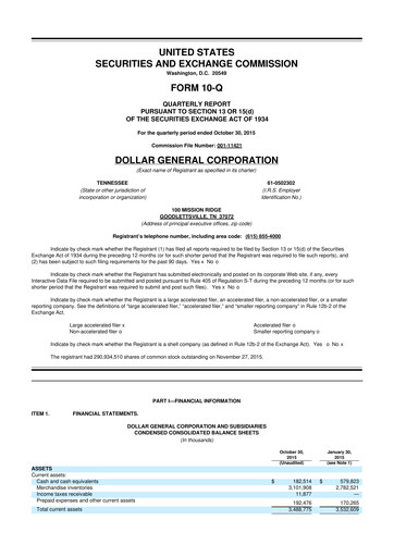 Thumbnail Dollar General 10-Q Quarterly Report FY2015 