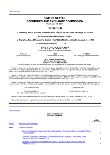 Thumbnail The Toro Company
 10-Q Quarterly Report FY2016 