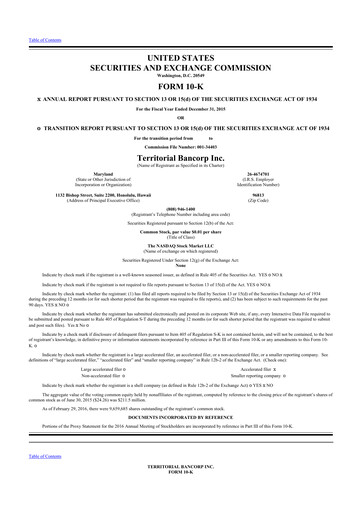 Thumbnail Territorial Bancorp
 10-K Annual Report 2015