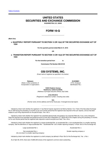 Miniature OSI Systems
 10-Q Rapport trimestriel 2016 