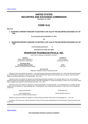 Miniature Ironwood Pharmaceuticals
 10-Q Rapport trimestriel 2016 