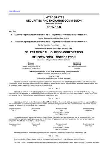 Miniature Select Medical Holdings 10-Q Rapport trimestriel 2016 