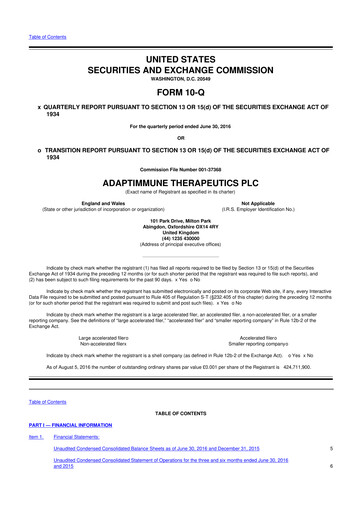Vorschaubild Adaptimmune Therapeutics 10-Q Quartalsbericht 2016 