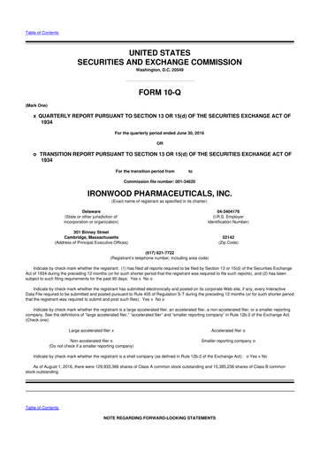 Miniature Ironwood Pharmaceuticals
 10-Q Rapport trimestriel 2016 