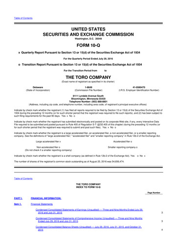 Thumbnail The Toro Company
 10-Q Quarterly Report FY2016 