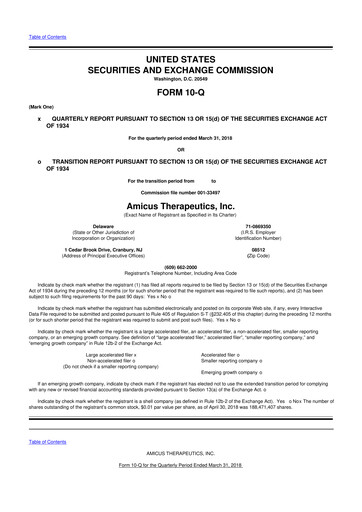 Thumbnail Amicus Therapeutics
 10-Q Quarterly Report FY2018 