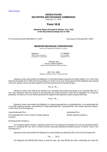 Thumbnail Monster Beverage 10-Q Quarterly Report FY2018 