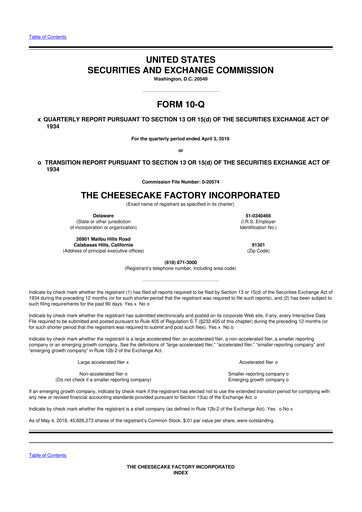 Thumbnail The Cheesecake Factory
 10-Q Quarterly Report FY2018 
