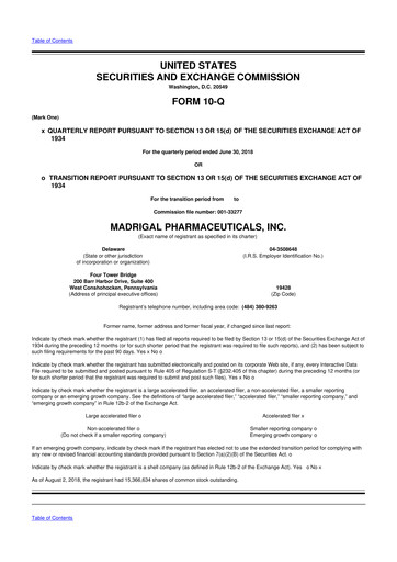 Thumbnail Madrigal Pharmaceuticals
 10-Q Quarterly Report FY2018 