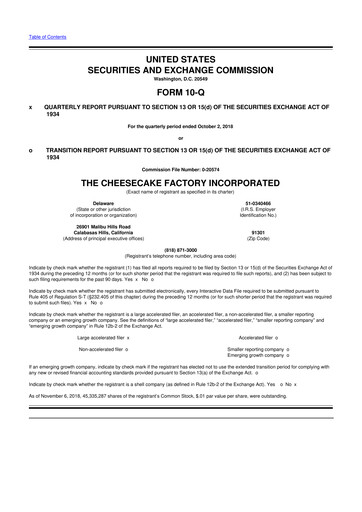 Thumbnail The Cheesecake Factory
 10-Q Quarterly Report FY2018 