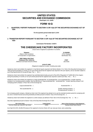 Thumbnail The Cheesecake Factory
 10-Q Quarterly Report FY2019 
