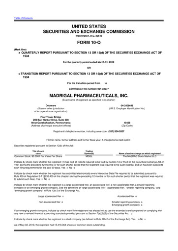 Thumbnail Madrigal Pharmaceuticals
 10-Q Quarterly Report FY2019 