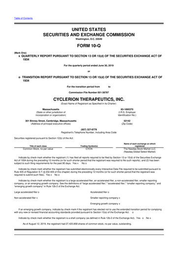 Miniature Cyclerion Therapeutics
 10-Q Rapport trimestriel 2019 