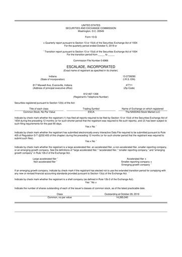 Thumbnail Escalade Sports 10-Q Quarterly Report FY 