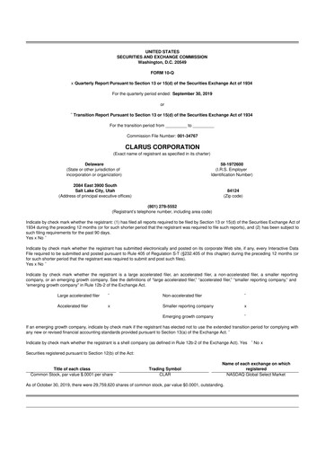 Thumbnail Clarus
 10-Q Quarterly Report FY2019 