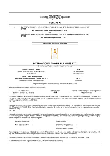 Thumbnail International Tower Hill Mines 10-Q Quarterly Report FY2019 