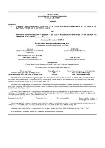 Thumbnail Innovative Industrial Properties
 10-Q Quarterly Report FY2019 