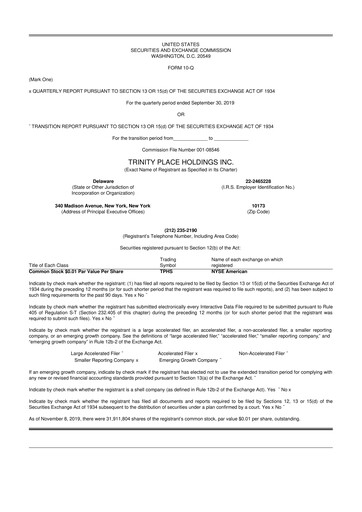 Miniature Trinity Place Holdings
 10-Q Rapport trimestriel 2019 