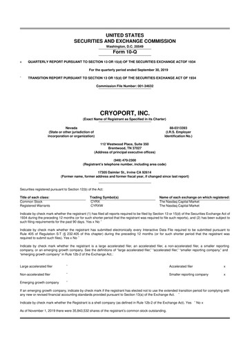 Thumbnail CryoPort 10-Q Quarterly Report FY2019 