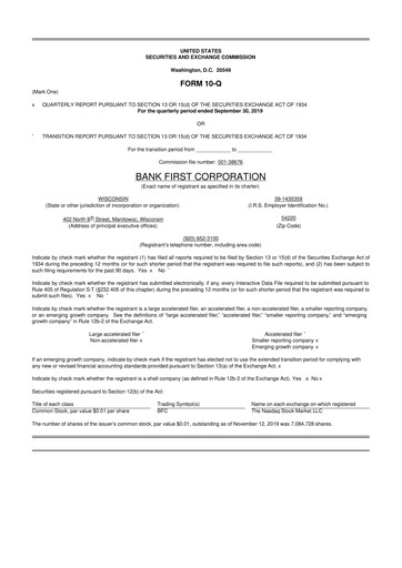 Thumbnail Bank First 10-Q Quarterly Report FY2019 