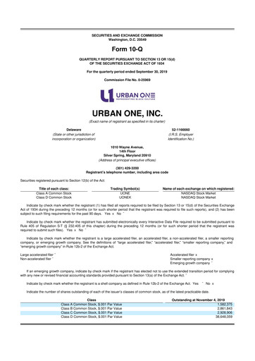 Miniature Urban One
 10-Q Rapport trimestriel 2019 