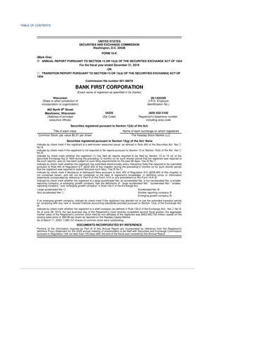 Thumbnail Bank First 10-K Annual Report 2019