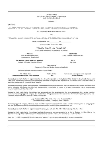 Miniature Trinity Place Holdings
 10-Q Rapport trimestriel 2020 