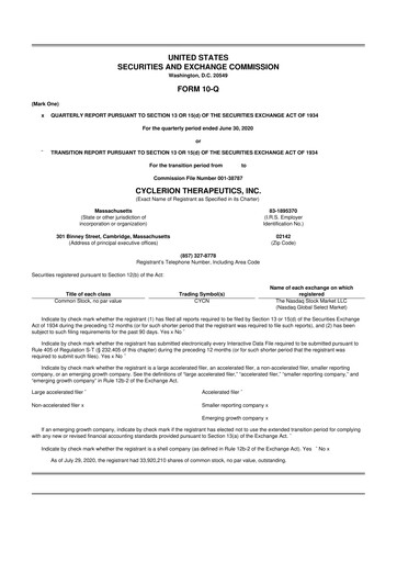 Miniature Cyclerion Therapeutics
 10-Q Rapport trimestriel 2020 