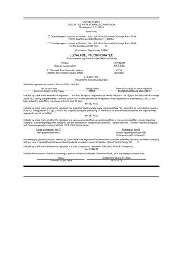 Thumbnail Escalade Sports 10-Q Quarterly Report FY 