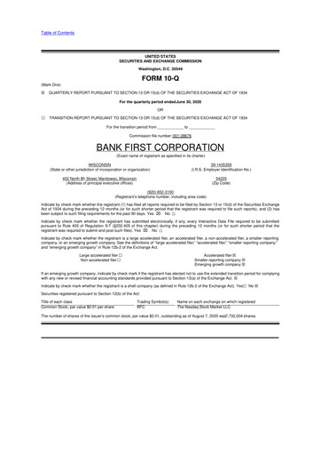 Thumbnail Bank First 10-Q Quarterly Report FY2020 