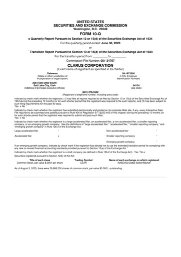 Thumbnail Clarus
 10-Q Quarterly Report FY2020 