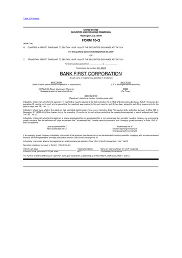 Thumbnail Bank First 10-Q Quarterly Report FY2020 