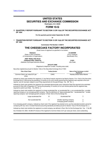 Thumbnail The Cheesecake Factory
 10-Q Quarterly Report FY2020 