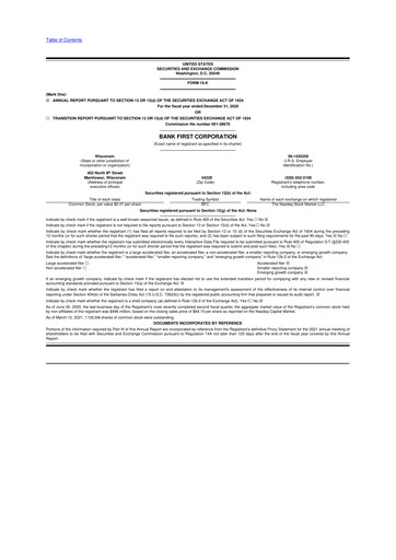 Thumbnail Bank First 10-K Annual Report 2020